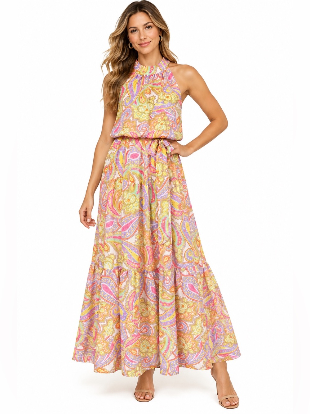 julia jordan Paisley Halter Maxi Dress in Pink, Yellow and Cream NWT